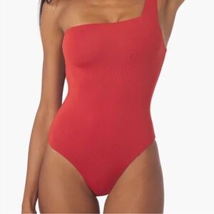 We wore what - one shoulder one piece bathing suit sz S NWT Match Red